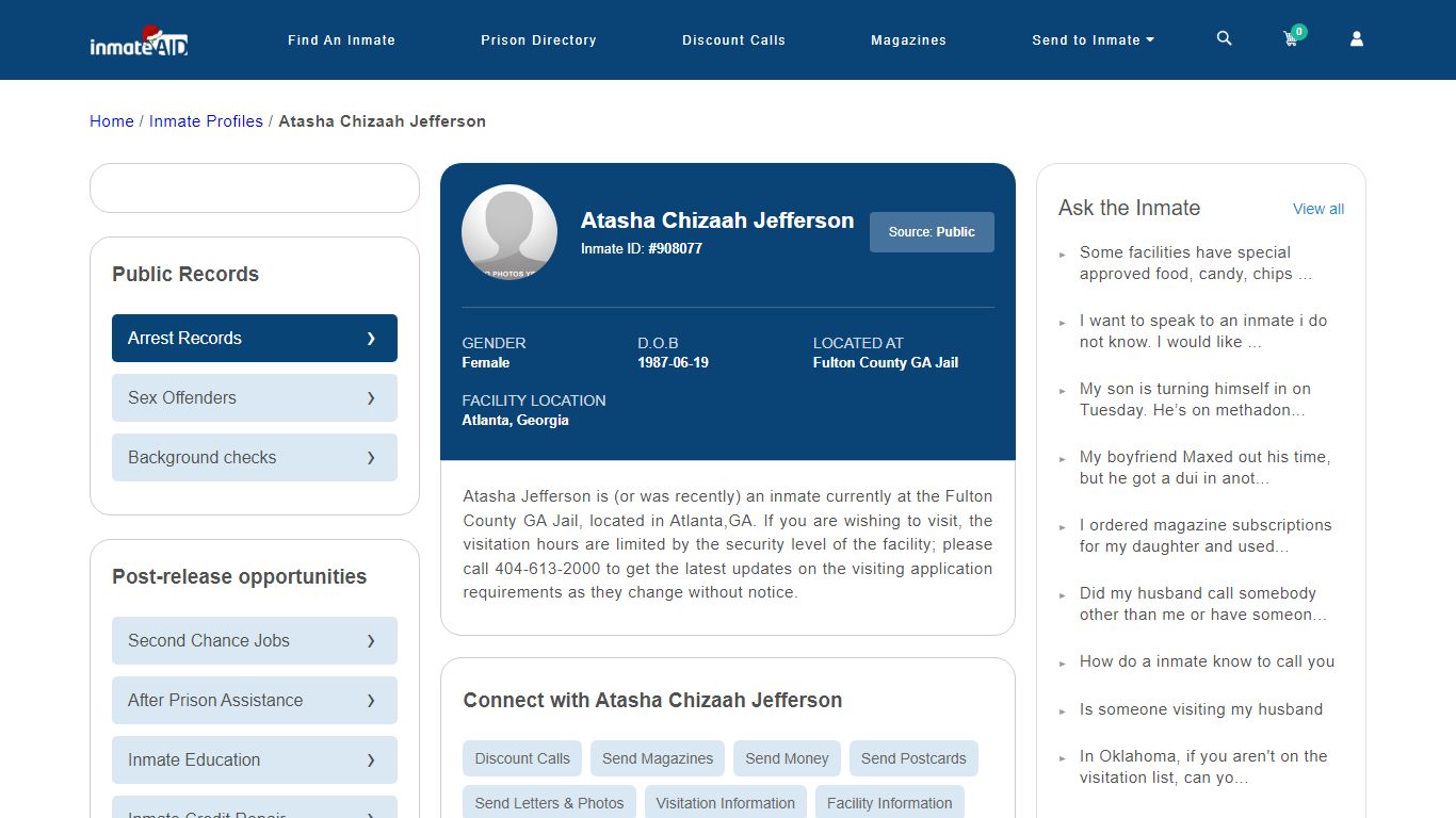 Inmate Search: Atasha Chizaah Jefferson 908077, Atlanta, Georgia